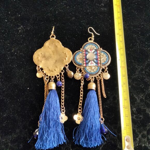 Iris Apfel & Bajalia Blue & Gold Embellished Tasseled HUGE Statement Earrings - Picture 5 of 11